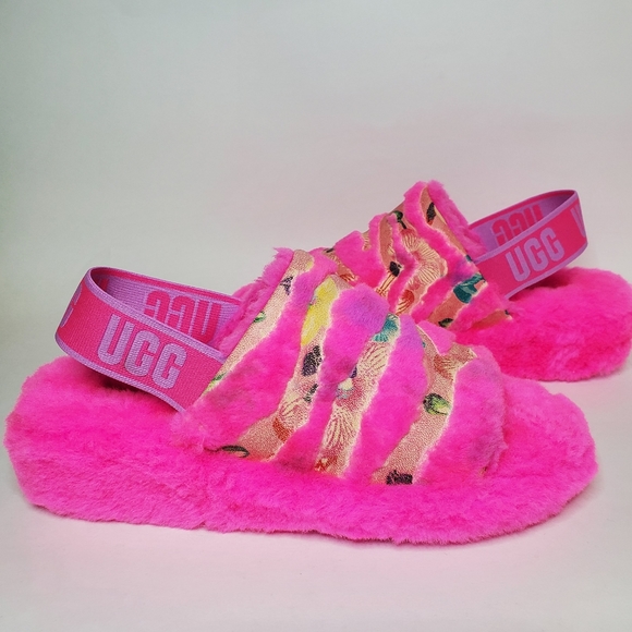 UGG Fluff Yeah Tiger Flower Womens Fluffy Slippers Pink UGGS 1127055 NEW - Picture 1 of 8